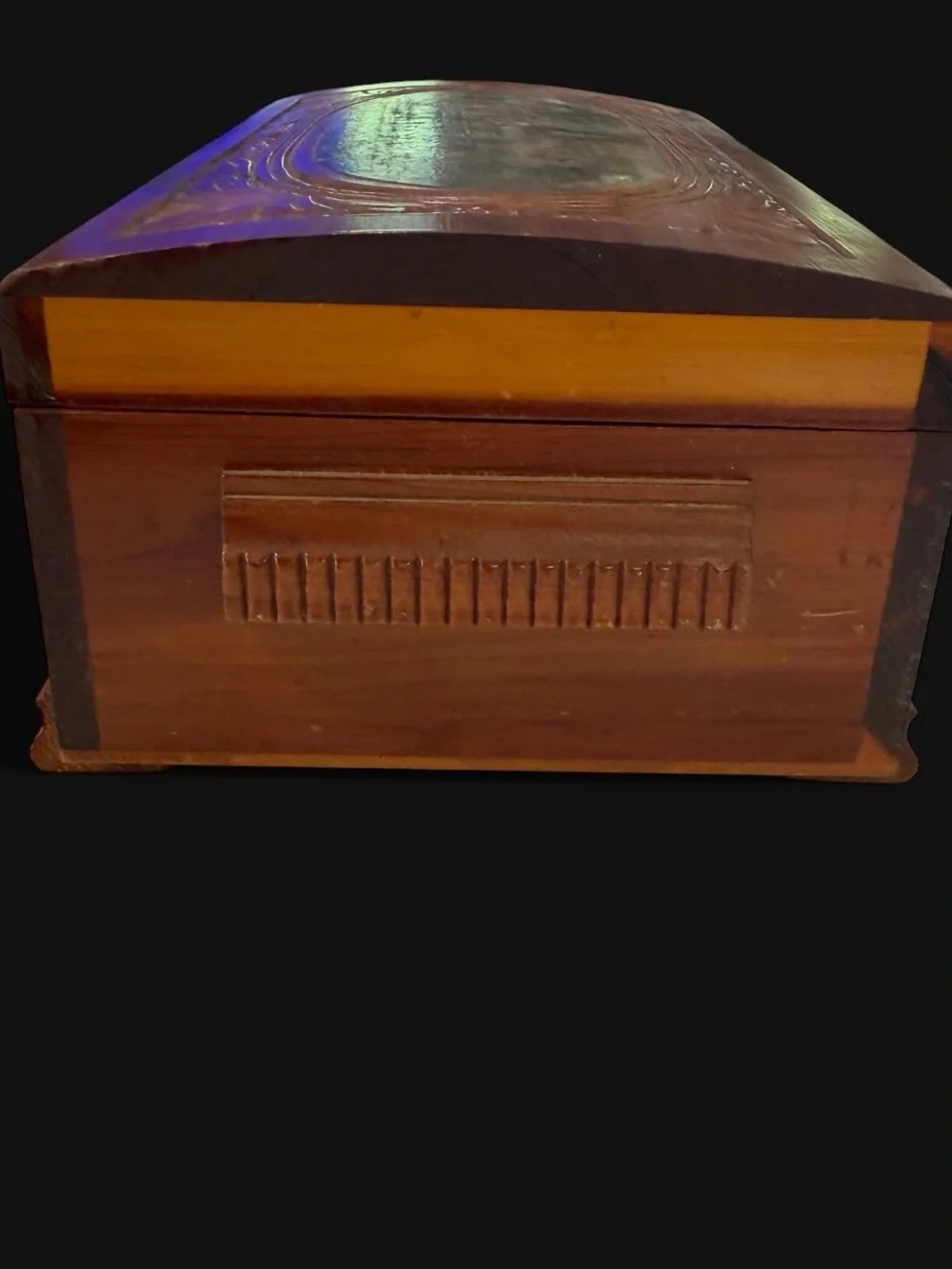 Vintage Hand-Carved Wooden Jewelry Box with Scenic Inlay